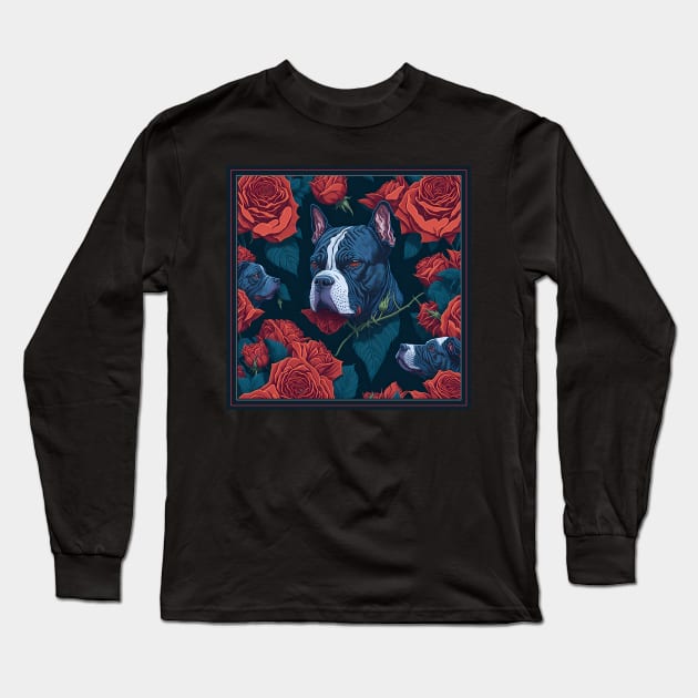 Dogs, pit bull and roses, dog, seamless print, style vector (red roses & pit) Long Sleeve T-Shirt by xlhombat